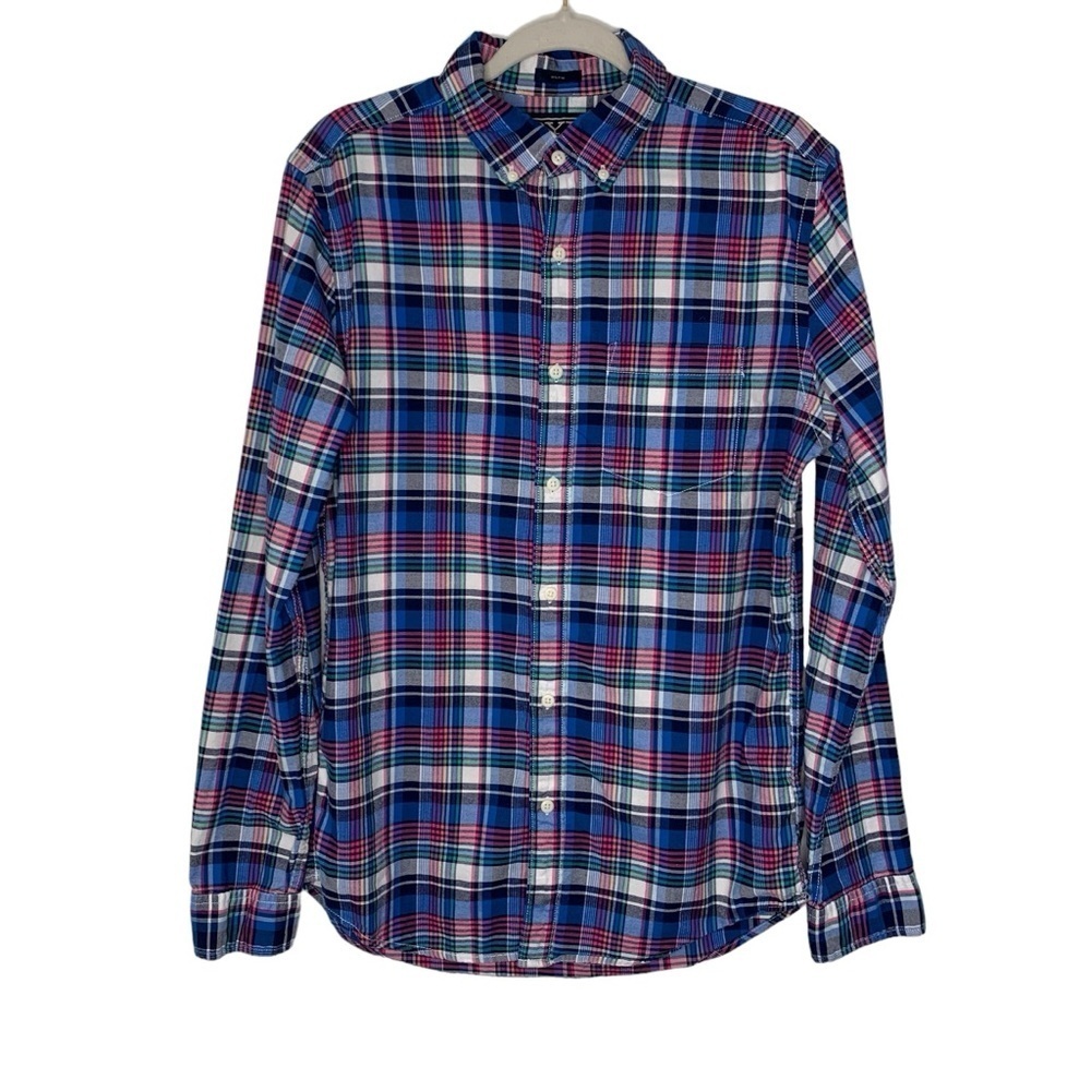 RYE slim fit men’s blue, pink, green and white cotton plaid button down. Size MT